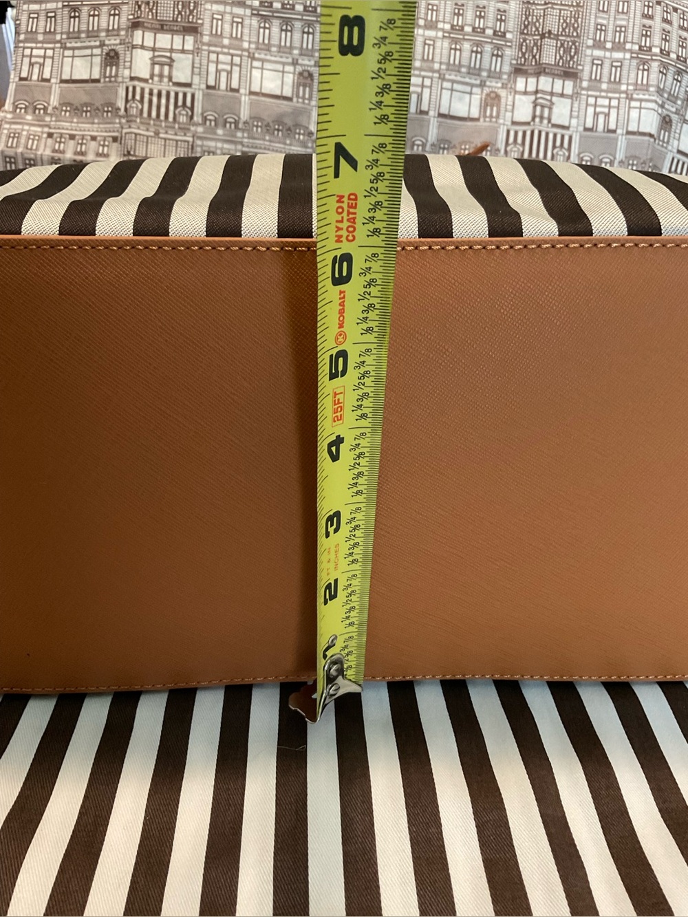 Henri Bendel Mink and Silver Premium Stripe Tote with  Chestnut Saffiano Trim - Picture 15 of 16